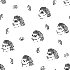 madhubani seamless woman pattern. Indian traditional art on linen fabrics. beautiful faces for textile printing
