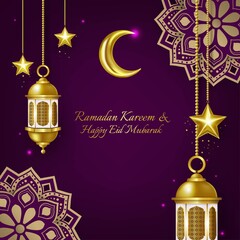 luxury ramadan kareem and happy eid mubarak greeting card design illustration