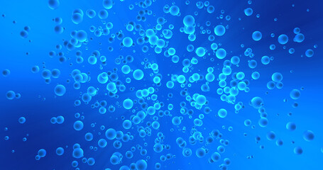 Fototapeta na wymiar Shining luminescence chaotic oxygen bubbles spheres on blue background