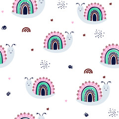 Cute little snail. T-shirt design and seamless pattern for kids.For kids clothing, nursery prints, and kids room decor..