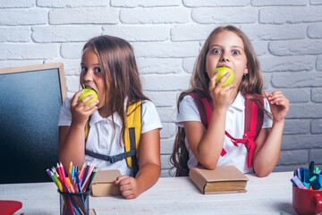 School time of girls. Friendship of small pupils in classroom at knowledge day. Happy school kids at lesson.
