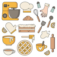 Sticker for cafe. Home cooking, at home, eggs, hobbies, salt shake, whisk, lemon, cup, cake, hand, rolling pin, kitchen appliances, dough, cream, chefs hat, mixer, dishes. Healthy food. Homemade
