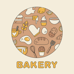 Bakery logo. Food icon. Cook at home. Illustration for the cookbook, pictures for recipes. Restaurant food. Bread, eggs, cake, lemon, cup, cookie, cream, coffee, croissant, cooking utensils