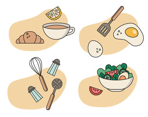 Food icon. Breakfast in the hotel. Cook at home. Illustration for the cookbook, pictures for recipes. Restaurant food. Salad, eggs, coffee with croissant, cooking utensils. Vector flat illustration