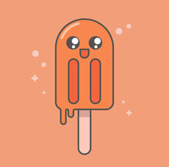 kawaii icon with orange ice cream. Logo of healthy ice cream without sugar from natural products, the concept is healthy and tasty. Vector stock flat illustration