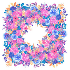 Lush purple blooming square shape frame for design. Watercolor roses and other flowers with leaves, collected in a beautiful blooming composition.