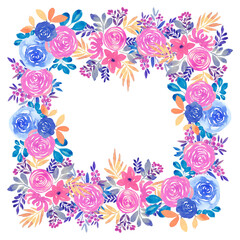 Fototapeta na wymiar Lush blooming frame with a square shape for design. Watercolor roses and other flowers with leaves, gathered in a beautiful flowering wreath.