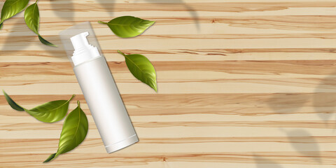 White nozzle spray bottle Nozzle cans With a blank label on the wood floor and a pile of bright green leaves 3d illustration