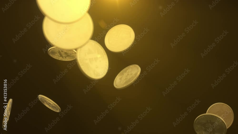 Poster golden bitcoins crypto currency falling drop on black background. stock motion bitcoin mining idea c