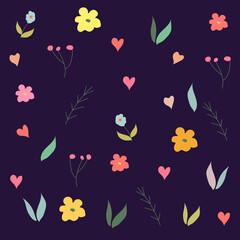 Floral Pattern In Vector. Flower background. Leaves and flowers on dark blue background. Spring pattern