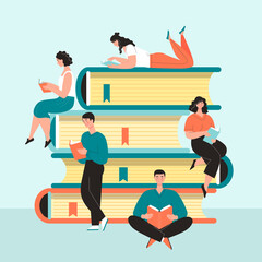 People men women students read on a giant pile of books. Learning concept, love of reading. Library. Vector illustration in flat cartoon style