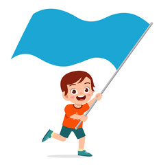 cute little boy run and holding flag