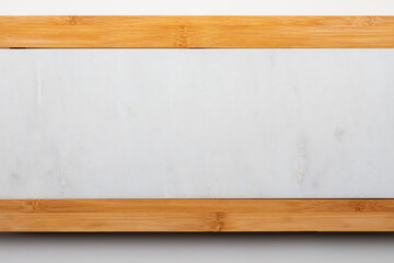 Empty table for cheeses and other openings. Copyspace (Copy space). White marble and wood. Top View.