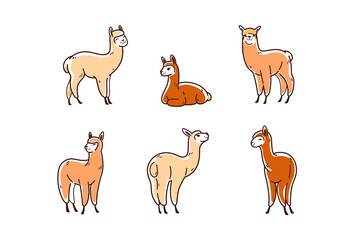 Cartoon alpaca in various poses. Сute animals set of icons.