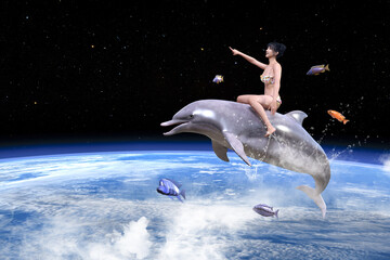 たくさんの小魚と一緒に宇宙を泳ぎジャンプするイルカの背中に乗るお団子ヘアの元気なビキニの女の子