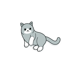 Wallowing cat. Grey kitty with white paws. Vector illustration in cartoon style for poster, postcard.