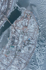 Frozen river from a drone. Beautiful ice on the water