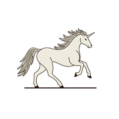Prancing unicorn with long wavy mane. Stylized  illustration in cartoon style.