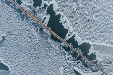 Frozen river from a drone. Beautiful ice on the water