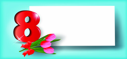 Obraz premium March 8, women's day. Vector card with pink tulips. Place for your text. Template for cards, banners, posters and invitations. Vector