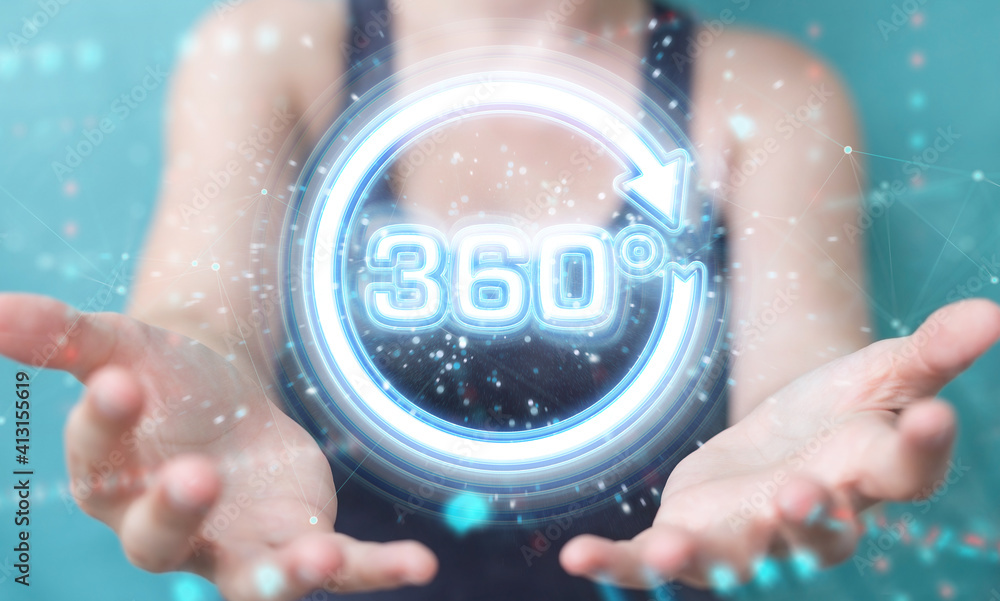 Poster woman using 360 degree virtual reality neon interface 3d rendering