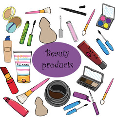 Bundle of cosmetic, beauty products. Cute hand draw