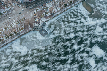 Frozen river from a drone. Beautiful ice on the water