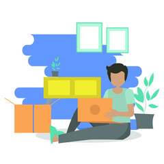 Working at home, coworking space, concept illustration. Young people, mаn and womаn freelancers working on laptops and computers at home. Vector flat style illustration.