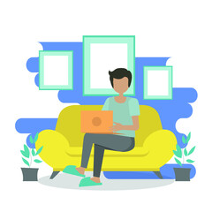 Working at home, coworking space, concept illustration. Young people, mаn and womаn freelancers working on laptops and computers at home. Vector flat style illustration.