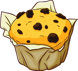 Muffin with chocolate chips, isolated vector illustration