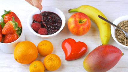 delicious healthy breakfast with fresh fruit and stick bran
