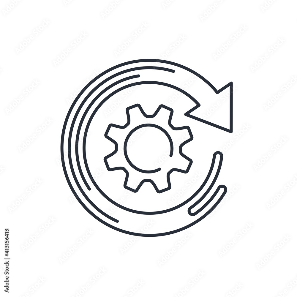 Poster rotation arrow and gear. vector linear icon isolated on white background.