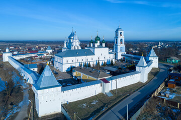 Aerial view of Nikitsky Monastery at sunny winter day. Pereslavl-Zalessky, Yaroslavl Oblast, Russia.