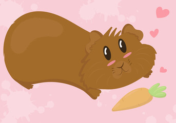 cute brown guinea pig with shaggy muzzle lies on his stomach and reaches for a delicious carrot, cute home rodent, vector illustration in flat style