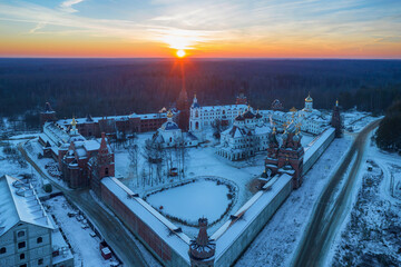 Aerial view of Nikolo-Solbinsky convent (monastery) at sunset. Solba, Yaroslavl Oblast, Russia.