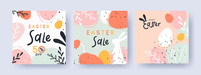 Fototapeta na wymiar Happy Easter Set of banners, greeting cards, sale posters, holiday covers. Trendy design with typography, hand painted plants, dots, eggs and bunny, in pastel colors. Modern art minimalist style.