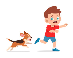 cute little boy scared because chased by bad dog