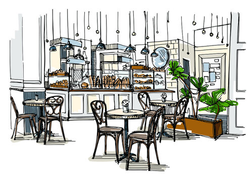 Drawing cafe interior. Drawing-room. editable vector illustration of an  outline sketch of a interior. | CanStock