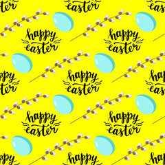 Happy Easter lettering seamless pattern with colorful eggs. Spring season holidays quotes and phrases for cards, banners, posters, mug, scrapbooking, pillow case, phone cases and clothes design. 