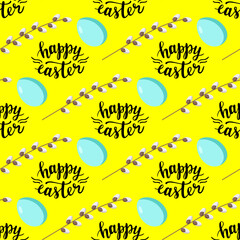 Happy Easter lettering seamless pattern with colorful eggs. Spring season holidays quotes and phrases for cards, banners, posters, mug, scrapbooking, pillow case, phone cases and clothes design. 