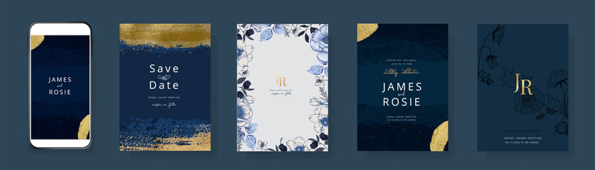 Luxury Blue Social Media, mobile  Wedding invite frame templates. Vector background. Invitation mobile Floral with golden collage layout design.