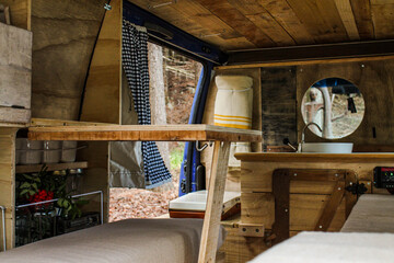 wooden furniture in a van