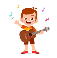 cute little boy play guitar in concert