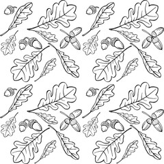 seamless pattern of oak leaves and acorn, black and white sketch, hand draw line art. For fabric, textil, paper, card