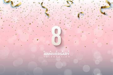 8th anniversary with numbers showered with gold ribbons. - obrazy, fototapety, plakaty