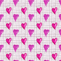 Seamless pattern with pink and purple hearts on squared white and grey background. Romantic watercolor illustration.