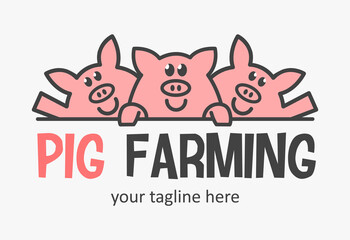 Cute pig farming logo with three funny pigs. Market pigs icon. Farmer sign.