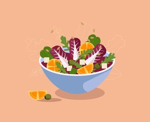 Salad with orange and cheese vector illustration