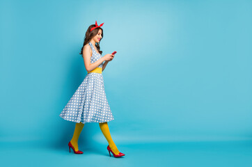 Full length body size profile side view of nice attractive lovely glamorous focused cheerful...