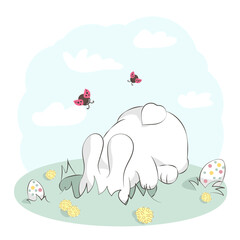 Cute bunny hiding Easter Eggs. Cartoon hand drawn vector illustration. Greeting card in pastel tones